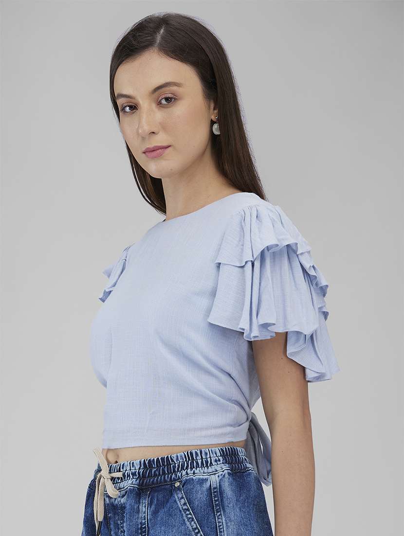 women solid ruffle sleeves crop backless top - 21840941 -  Standard Image - 1