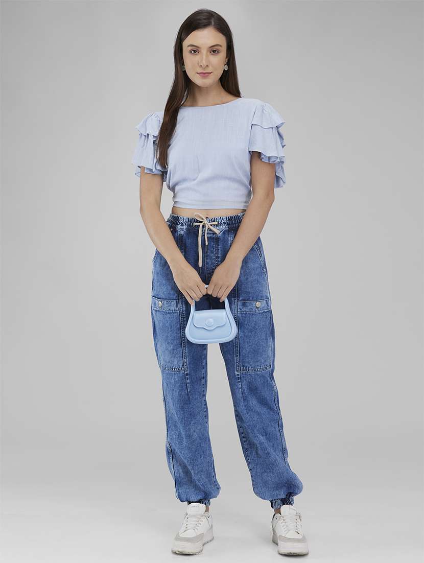 women solid ruffle sleeves crop backless top - 21840941 -  Standard Image - 4