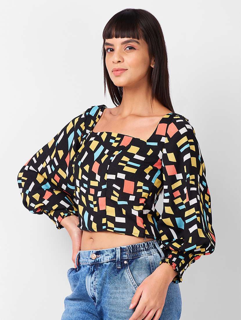 women printed puff sleeves crop top - 21840943 -  Standard Image - 1