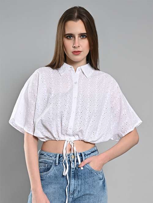 women solid collared crop schiffli shirt - 21840945 - Standard Image - 0