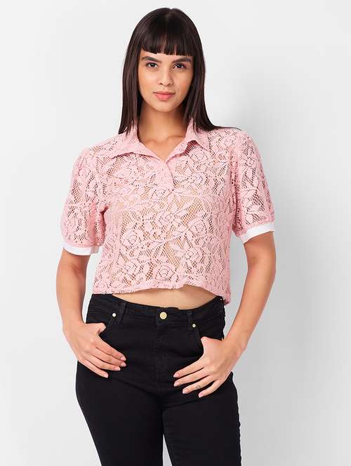 women laced puff sleeves crop top