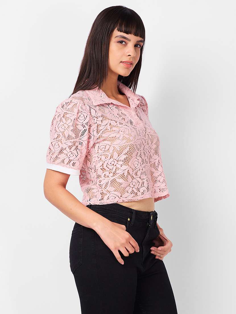 women laced puff sleeves crop top - 21840950 - Standard Image - 1