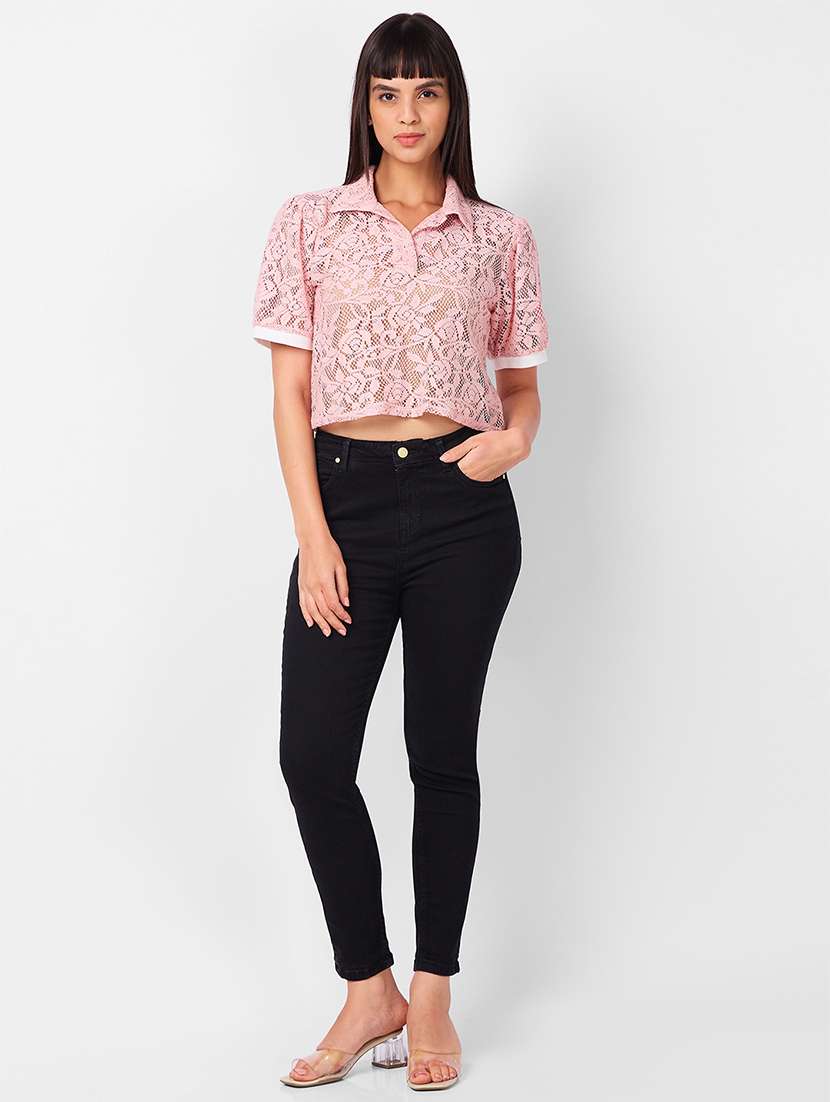 women laced puff sleeves crop top - 21840950 - Standard Image - 4