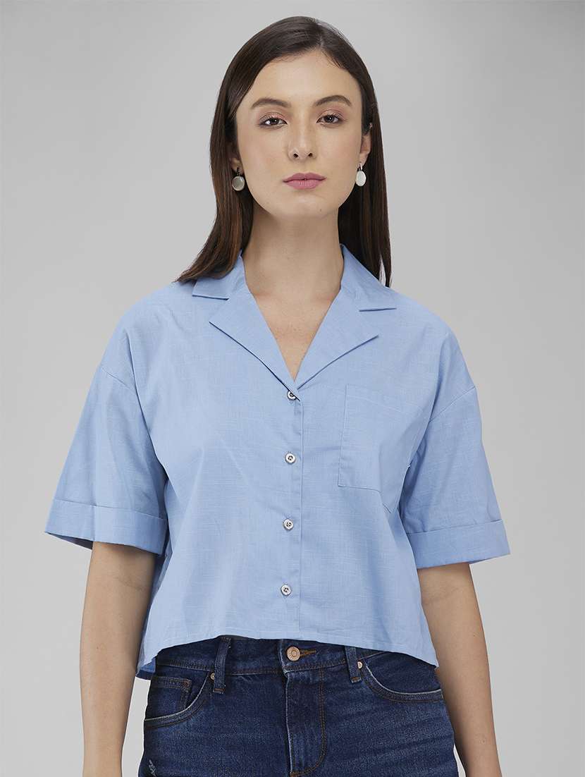 women light blue solid short sleeve regualr fit shirt