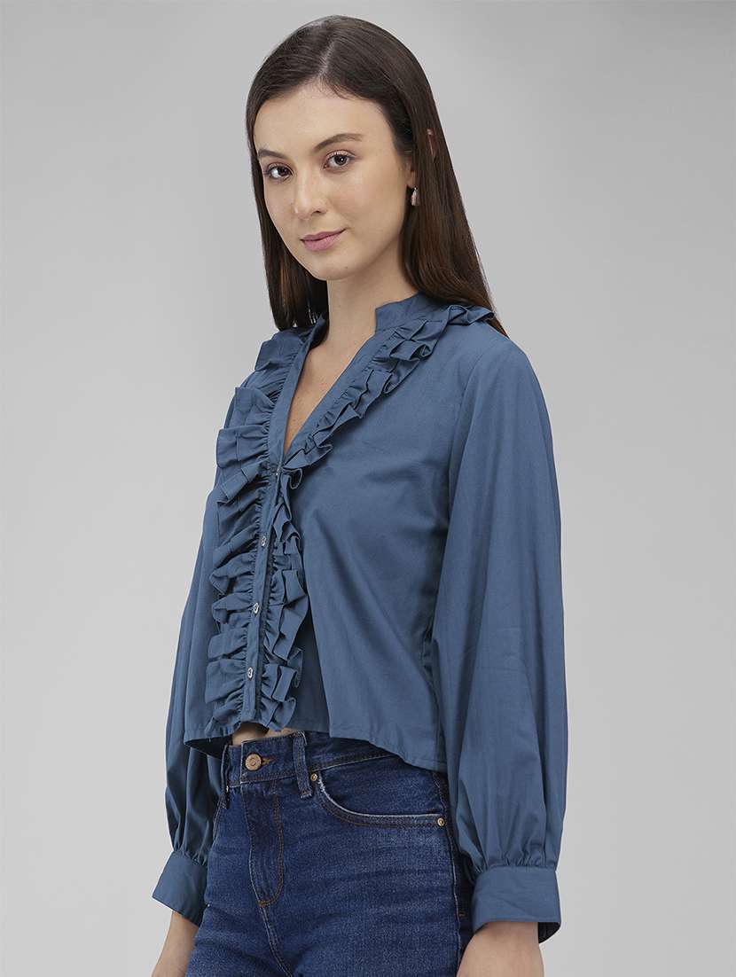 women solid puff sleeves crop top - 21840960 - Standard Image - 1