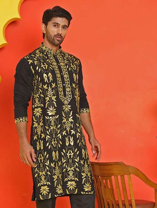 men black embroidered long sleeve kurta - 21841314 - Standard Image - 0