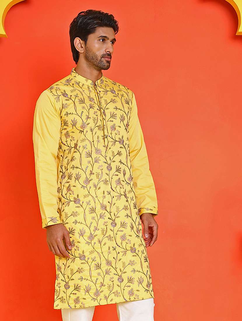 men yellow  embroidered  long sleeve kurta