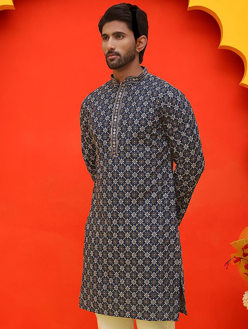men teal embroidered long sleeve kurta - 21841329 - Standard Image - 1