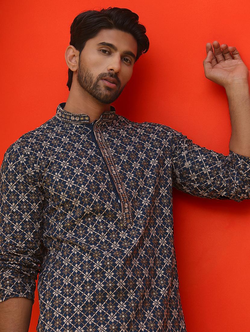 men teal embroidered long sleeve kurta - 21841329 - Standard Image - 4