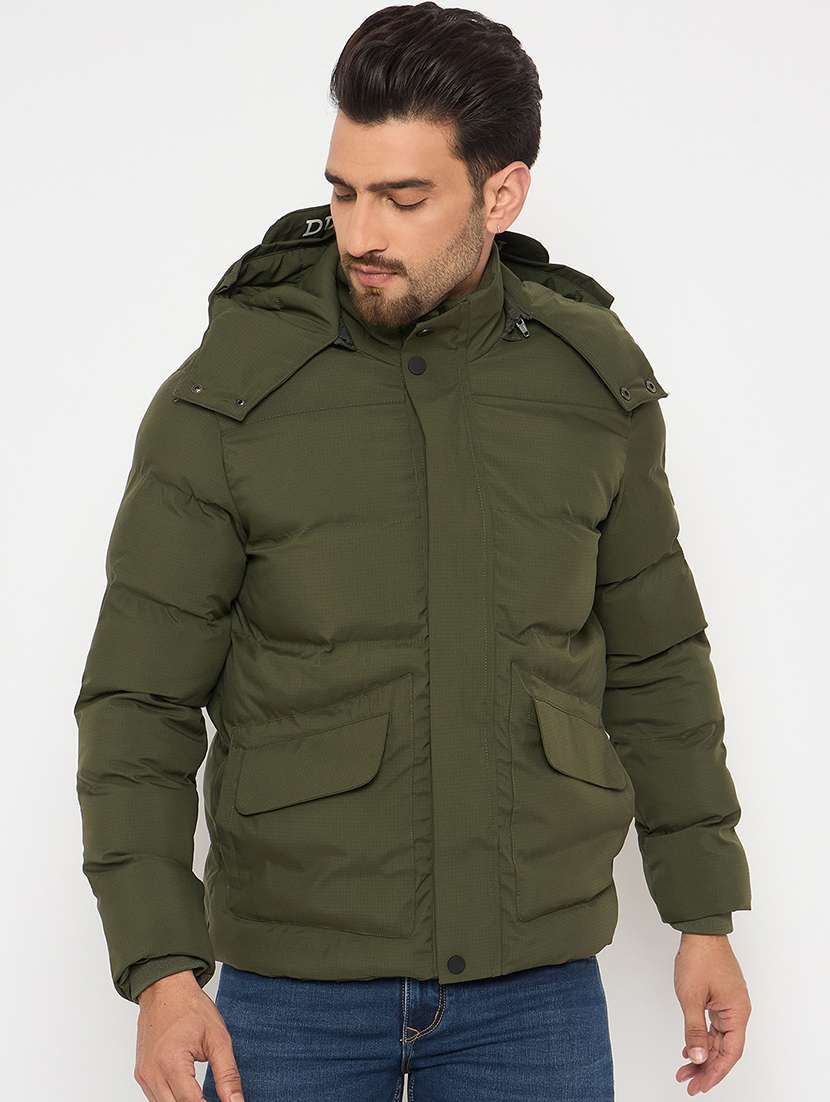 men solid long sleeves hooded puffer jacket