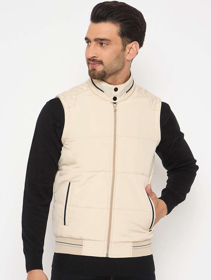men solid sleeveless bomber jacket