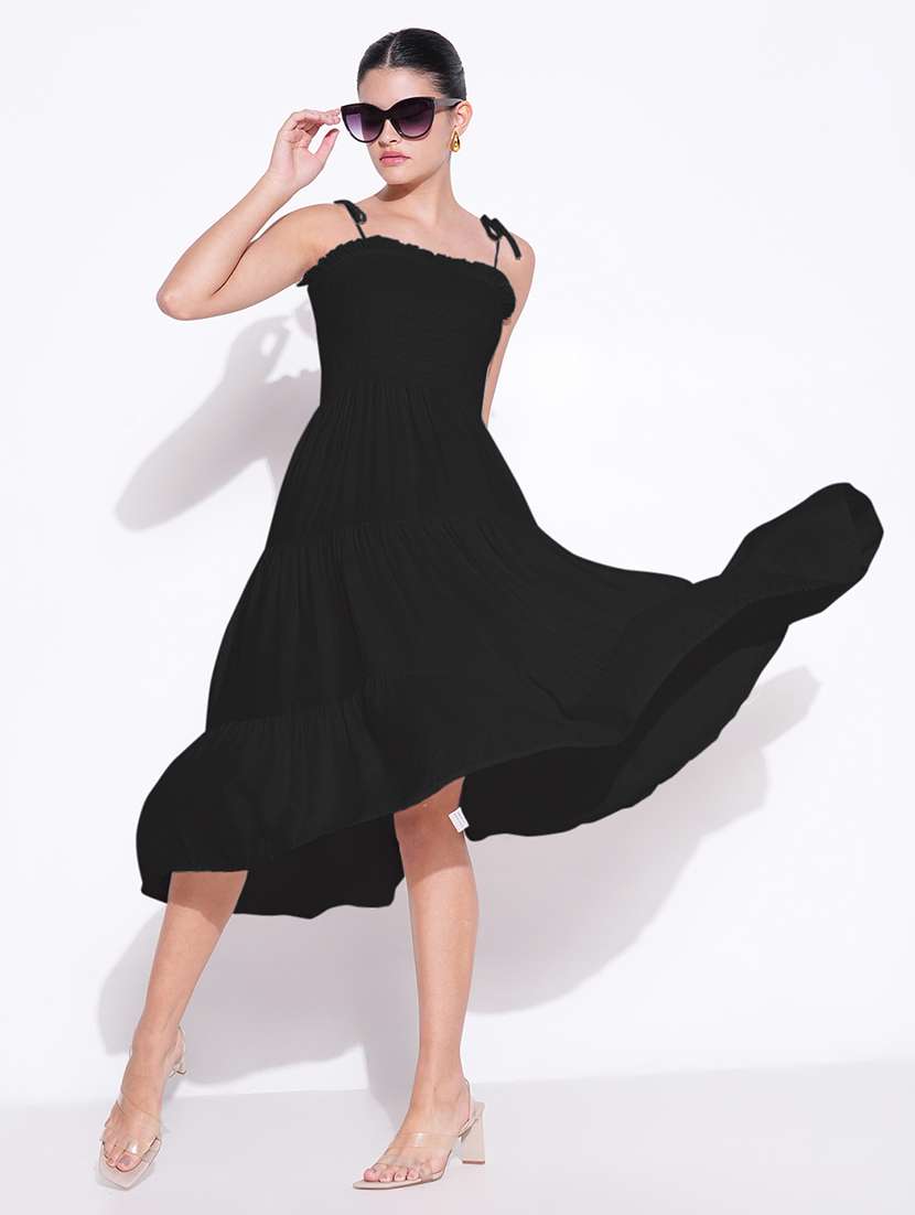 women solid shoulder strap tiered dress
