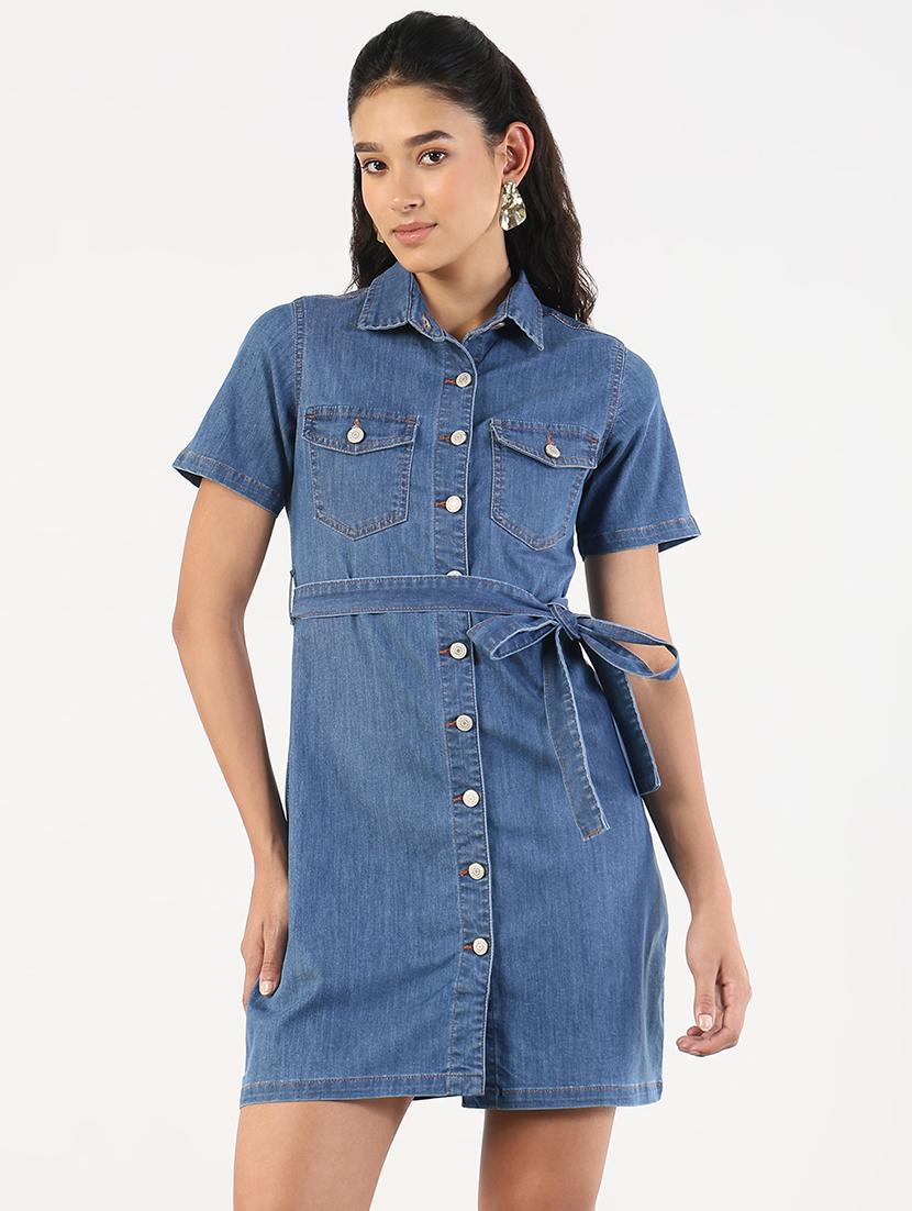 women solid collared denim shirt dress - 21841489 - Standard Image - 1