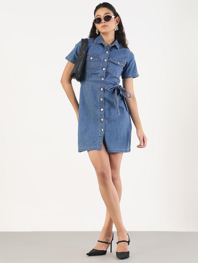 women solid collared denim shirt dress - 21841489 - Standard Image - 4