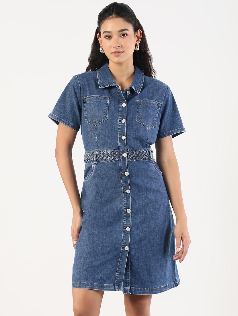 women solid collared denim shirt dress - 21841491 - Standard Image - 1