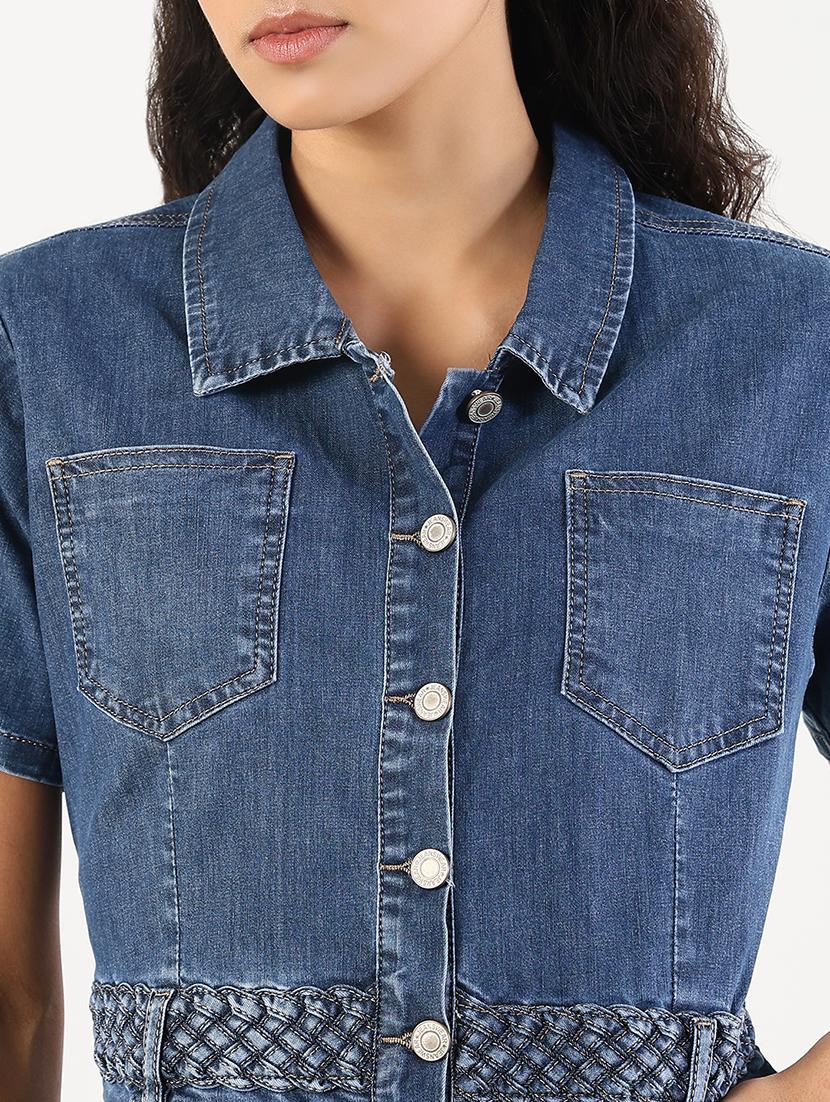 women solid collared denim shirt dress - 21841491 - Standard Image - 4