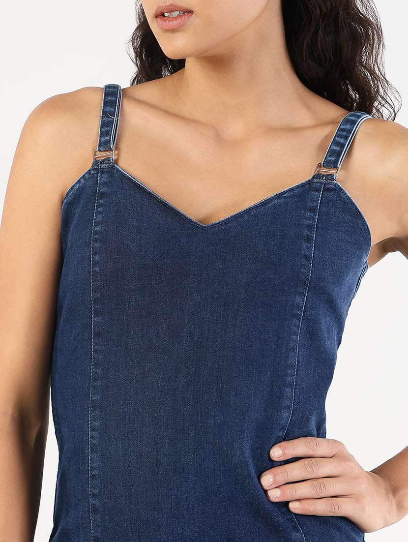 women solid shoulder strap denim sheath dress - 21841492 -  Standard Image - 4