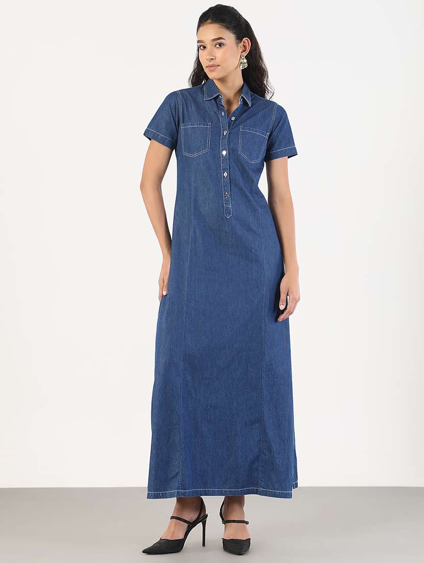 women solid collared denim a-line dress - 21841493 -  Standard Image - 1