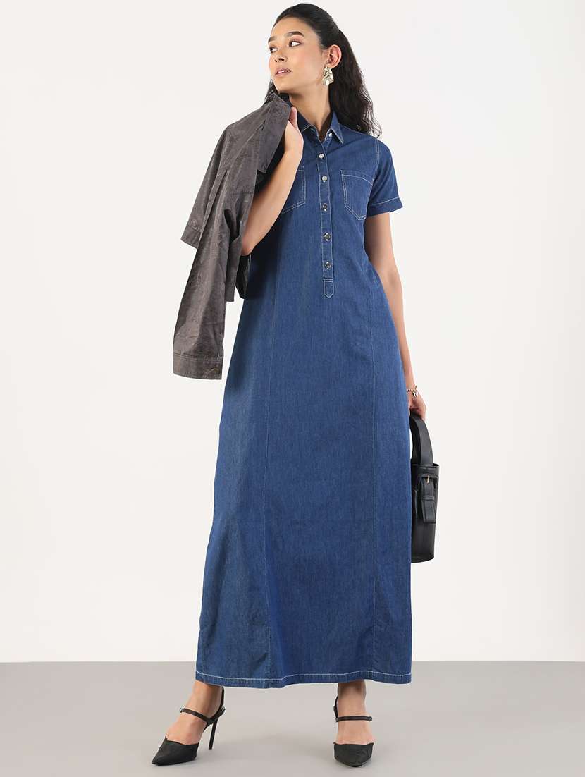 women solid collared denim a-line dress - 21841493 - Standard Image - 4