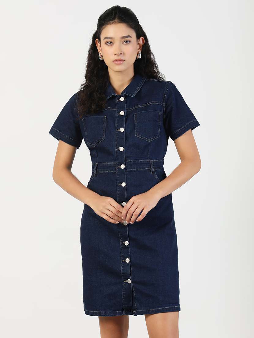 women solid collared denim shirt dress - 21841494 -  Standard Image - 1