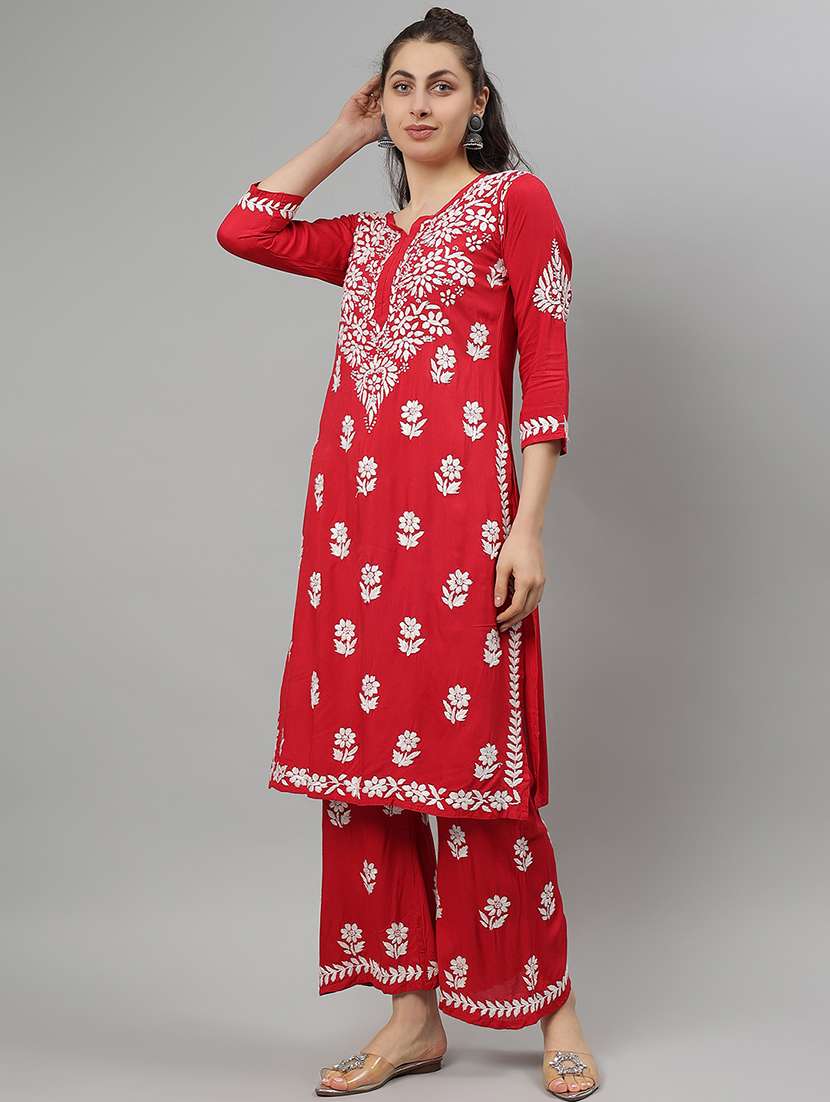women chikankari three quarter sleeve kurta palazzo set - 21841509 -  Standard Image - 1