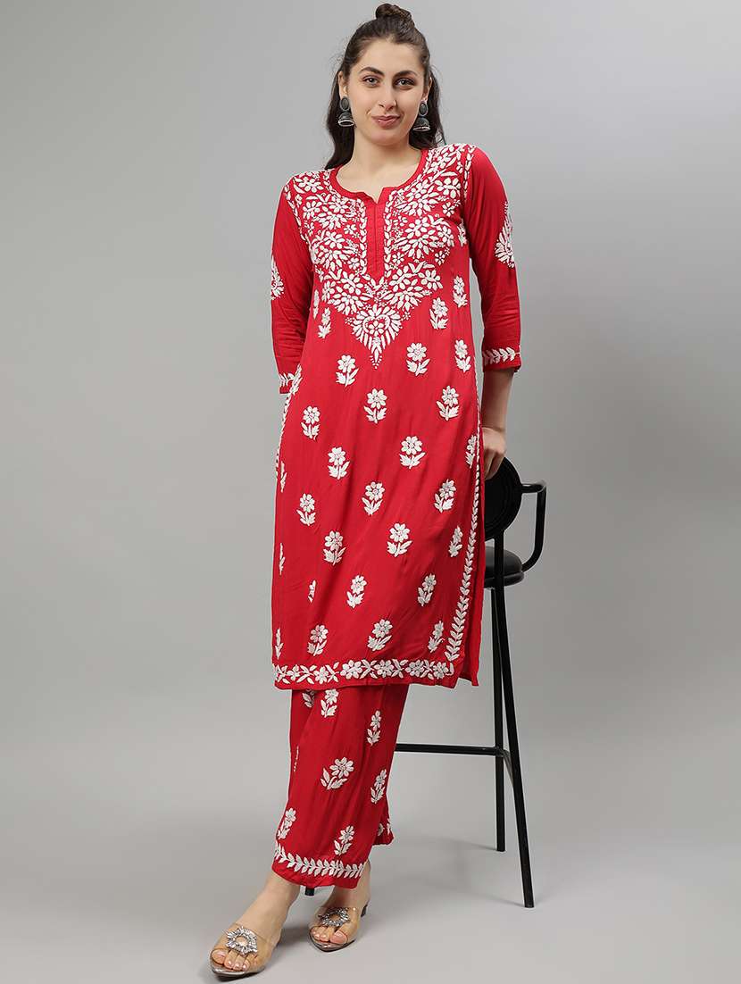 women chikankari three quarter sleeve kurta palazzo set - 21841509 -  Standard Image - 4