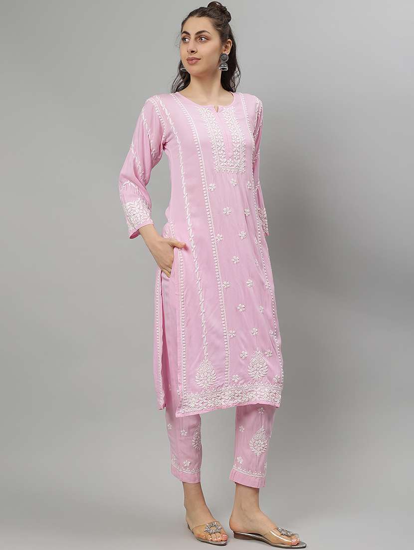 women chikankari three quarter sleeve kurta pant set - 21841511 -  Standard Image - 1
