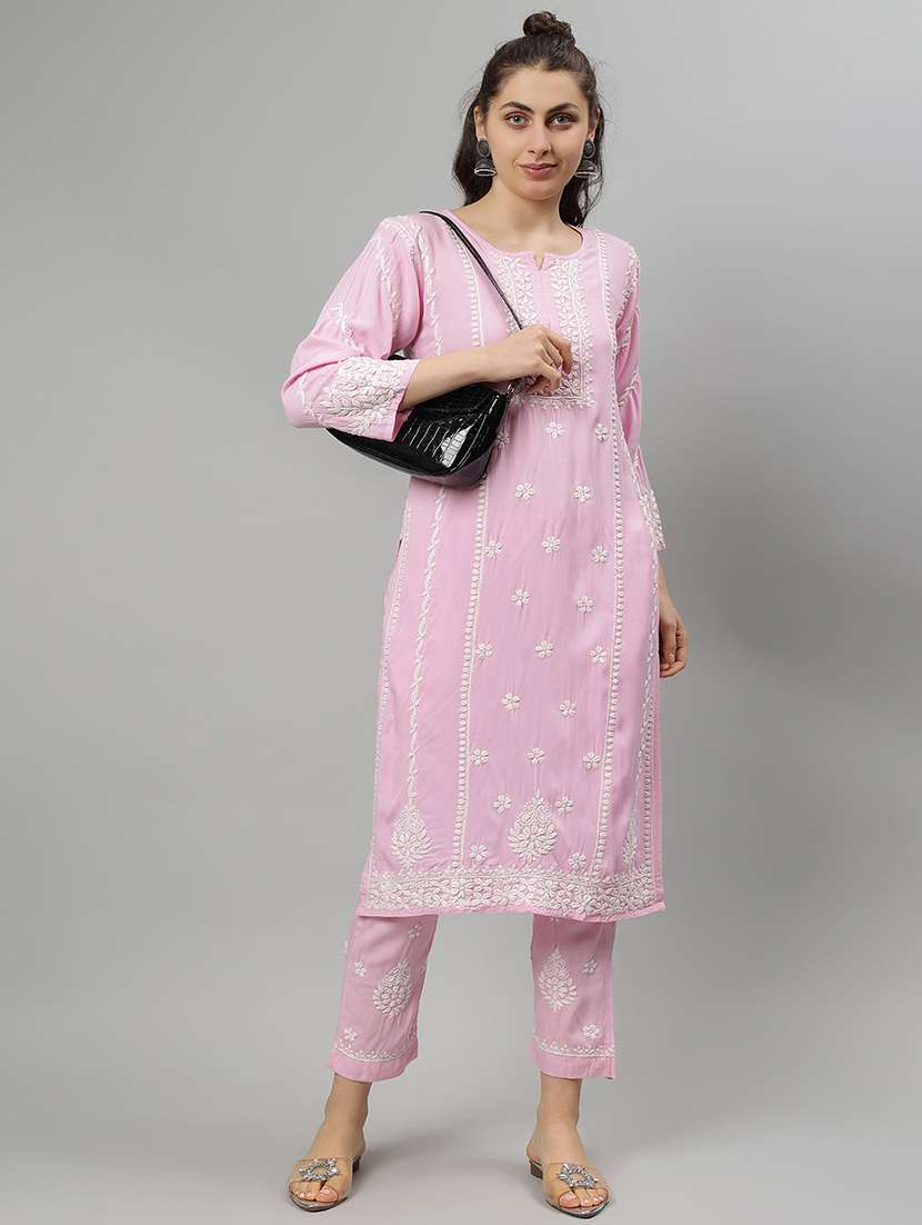 women chikankari three quarter sleeve kurta pant set - 21841511 -  Standard Image - 4