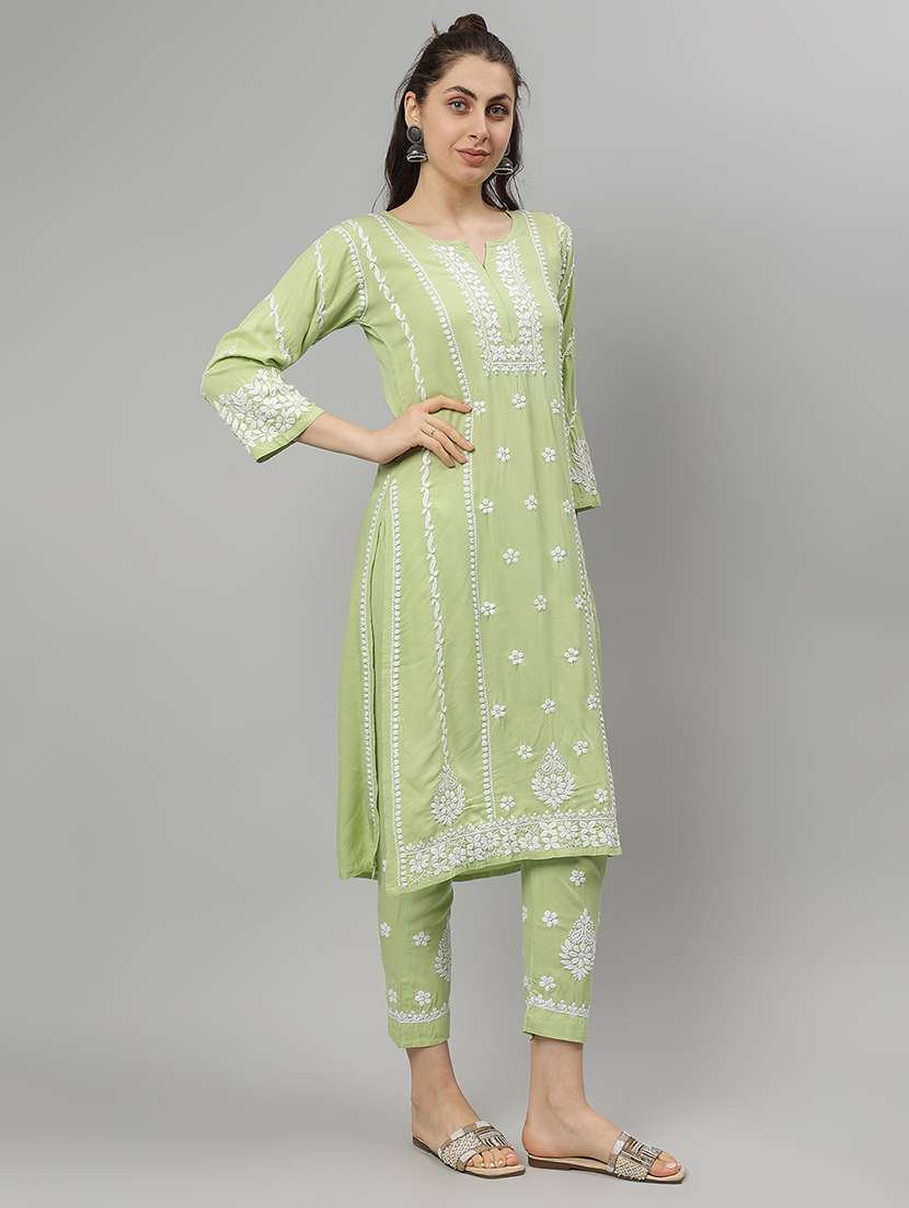 women chikankari three quarter sleeve kurta pant set