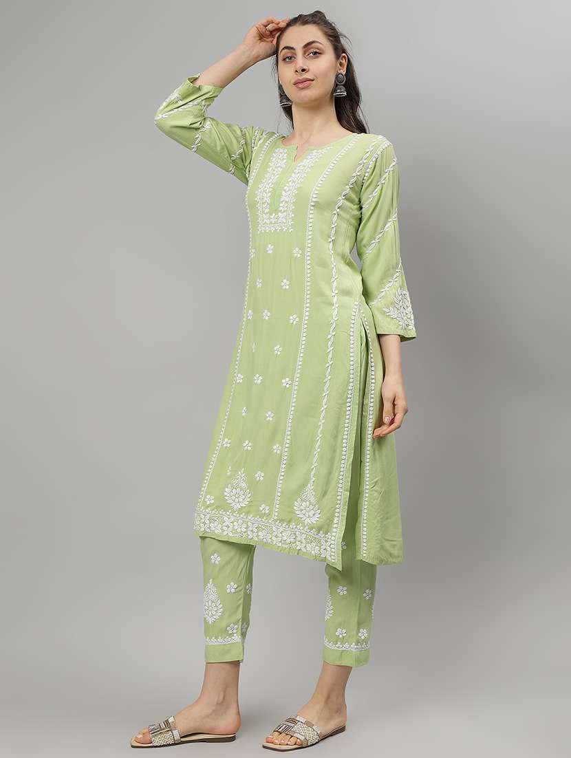 women chikankari three quarter sleeve kurta pant set - 21841512 -  Standard Image - 1