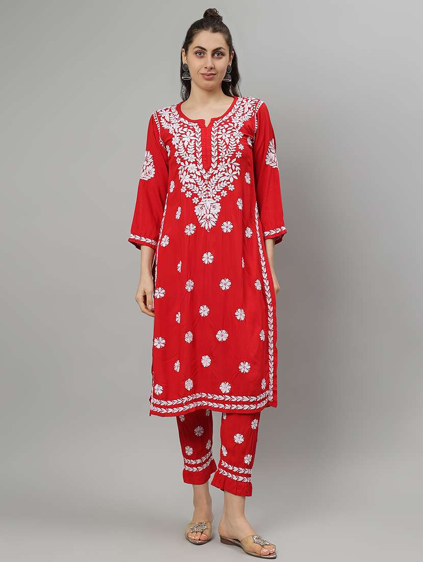 women chikankari three quarter sleeve kurta pant set - 21841516 -  Standard Image - 4