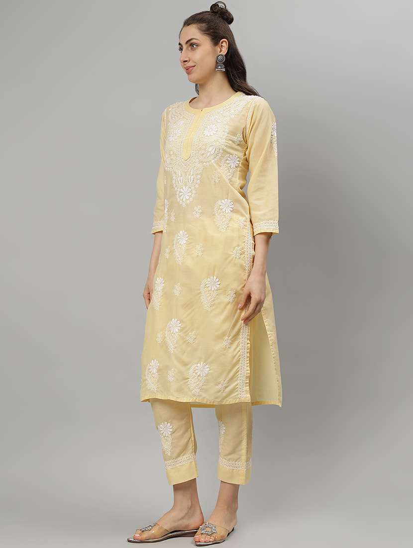 women chikankari three quarter sleeve kurta pant set - 21841523 -  Standard Image - 1