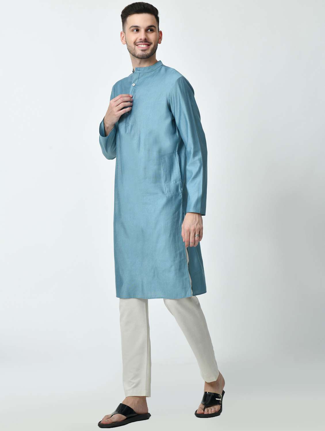 men solid mandarin neck long kurta - 21841533 - Standard Image - 1