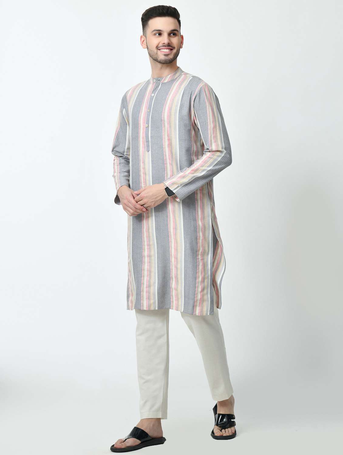 men striped mandarin neck long kurta - 21841534 -  Standard Image - 1