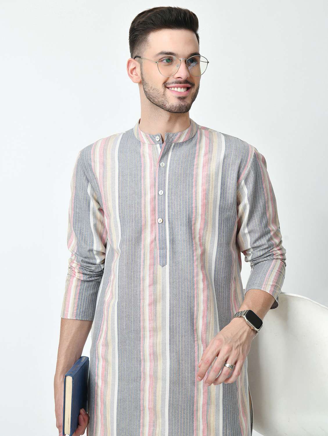 men striped mandarin neck long kurta - 21841534 -  Standard Image - 4