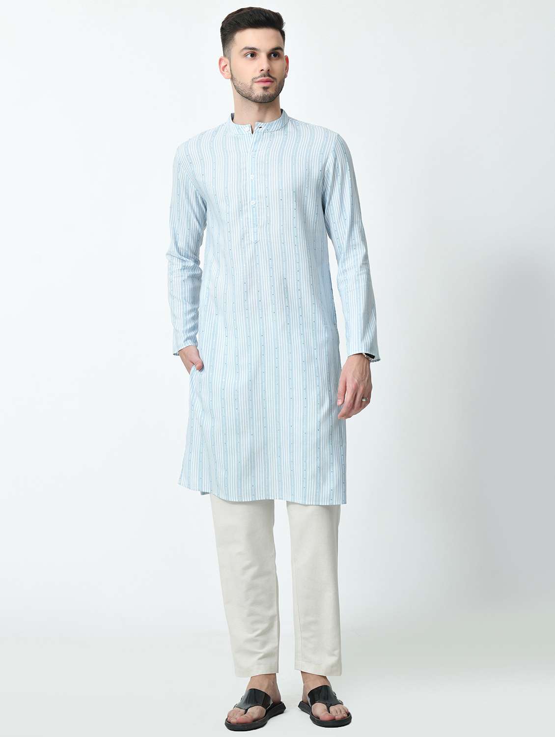 men striped mandarin neck long kurta - 21841538 - Standard Image - 1