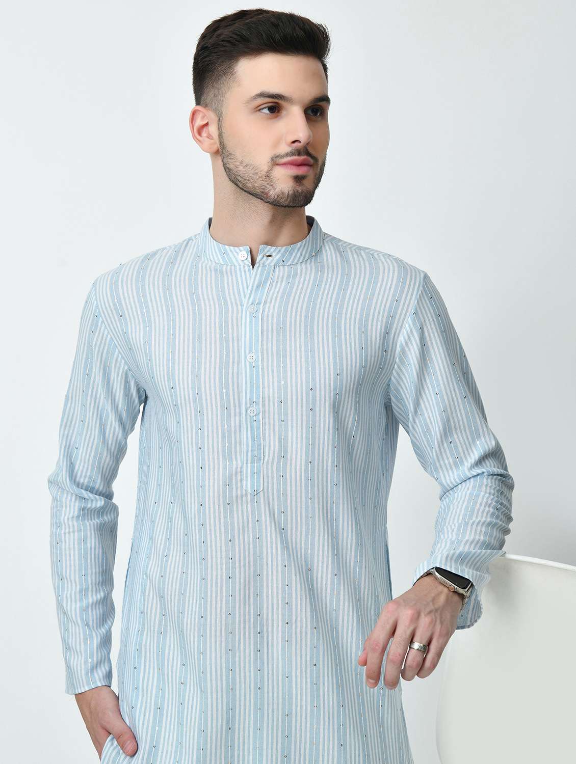 men striped mandarin neck long kurta - 21841538 - Standard Image - 4