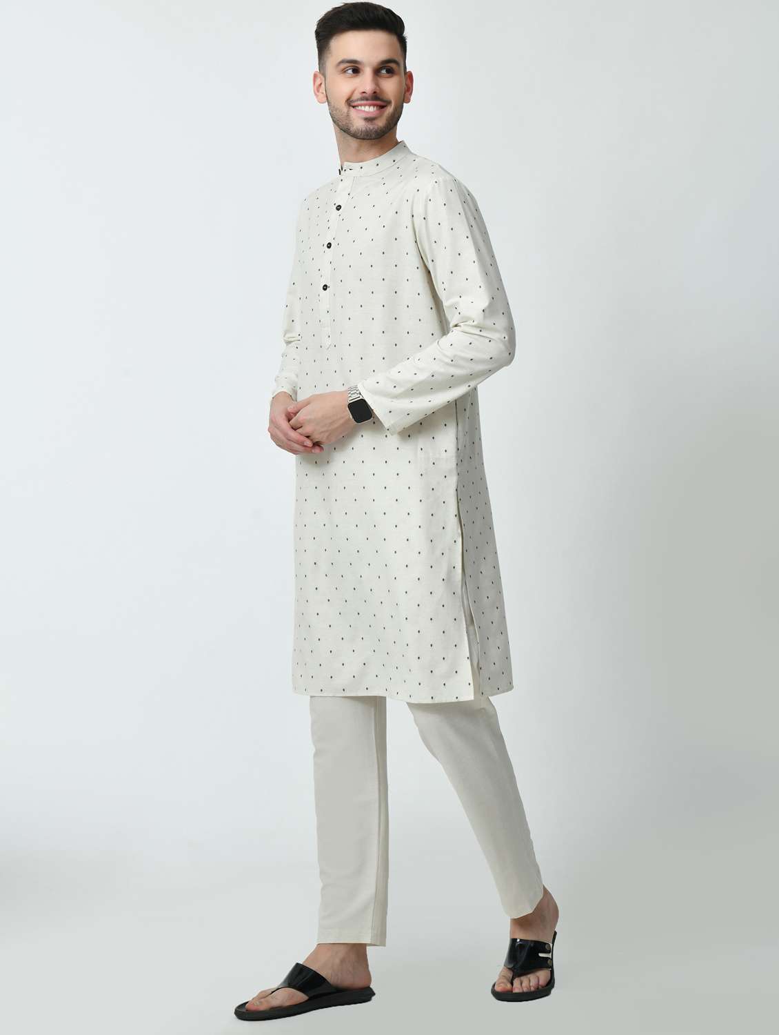 men printed mandarin neck long kurta - 21841539 -  Standard Image - 1