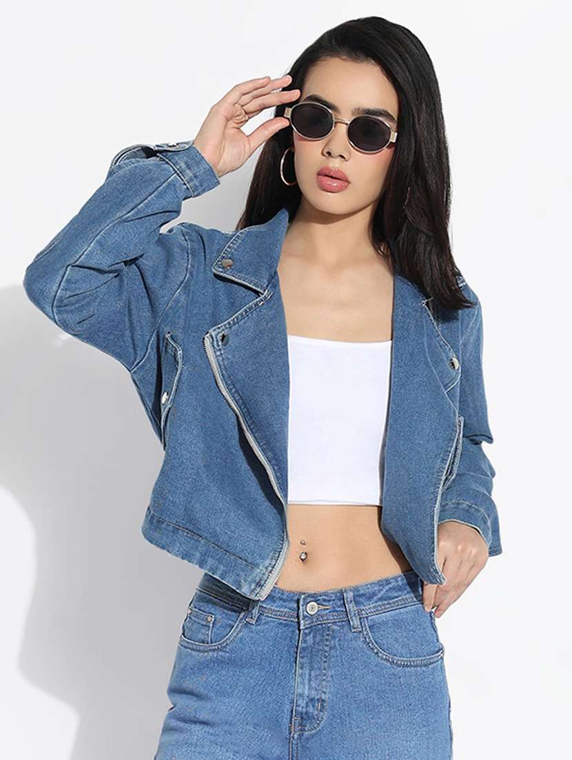 women solid long sleeves denim jacket