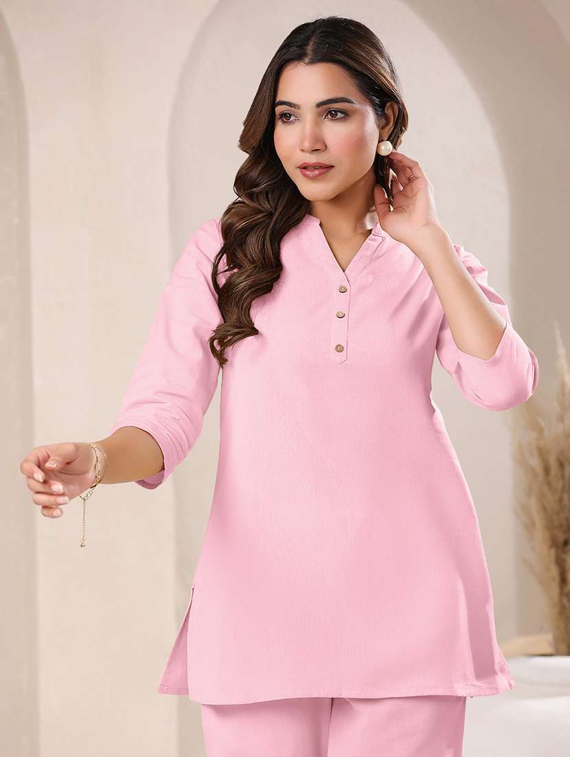 women pink three quarter sleeves straight kurti - 21842907 -  Standard Image - 1