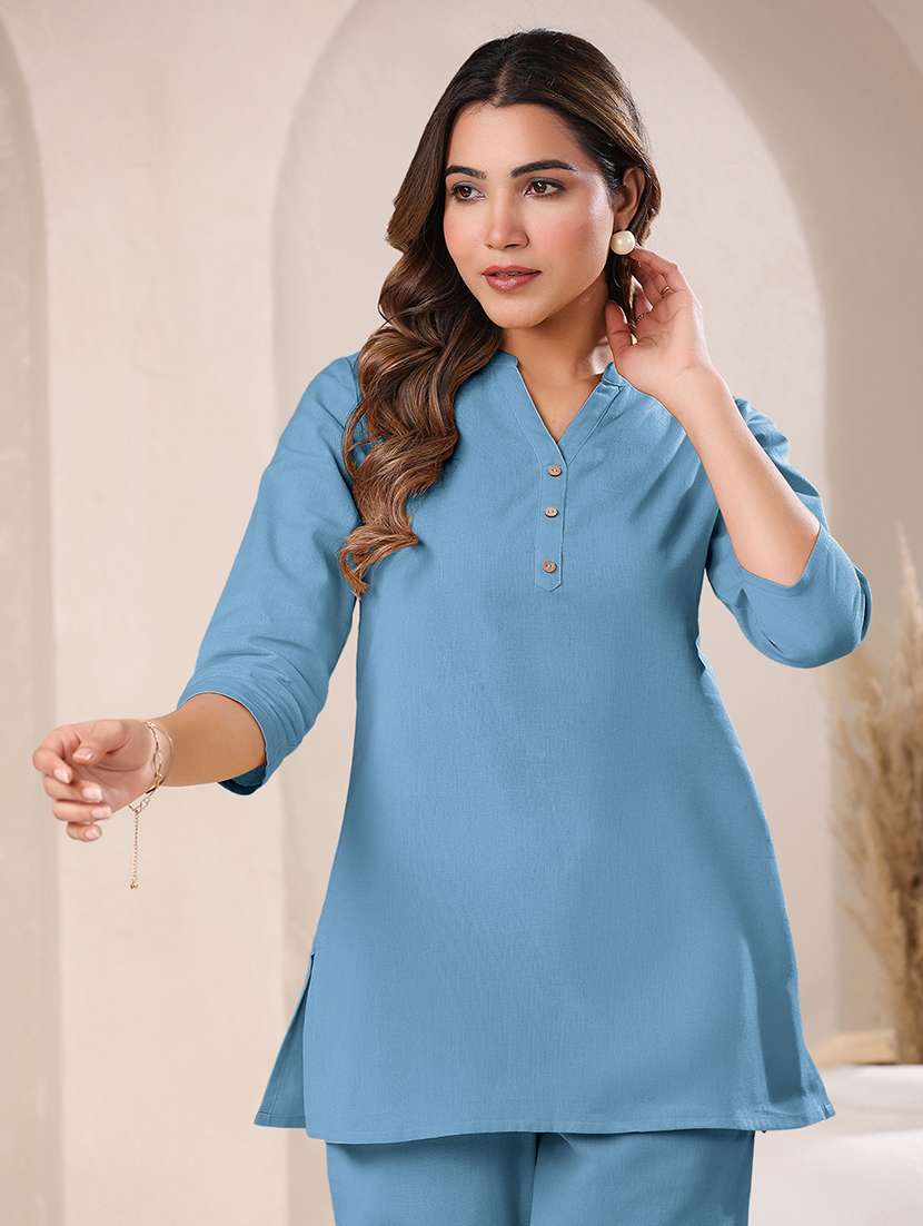 women light blue three quarter sleeves straight kurti - 21842908 - Standard Image - 1