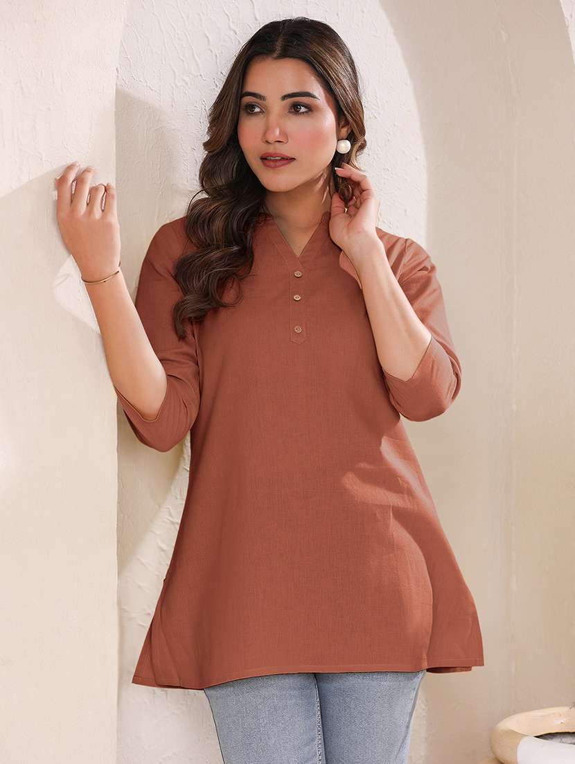 women rust three quarter sleeves straight kurti - 21842910 - Standard Image - 1