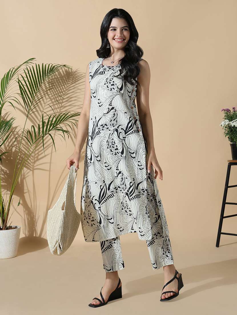 women off white printed sleeveless kurta pant set - 21842932 -  Standard Image - 4