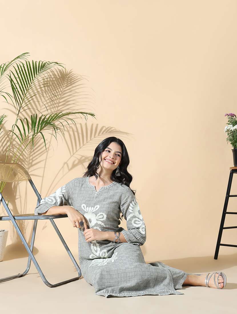 women grey three quarter sleeve kurta pant set - 21842933 -  Standard Image - 1