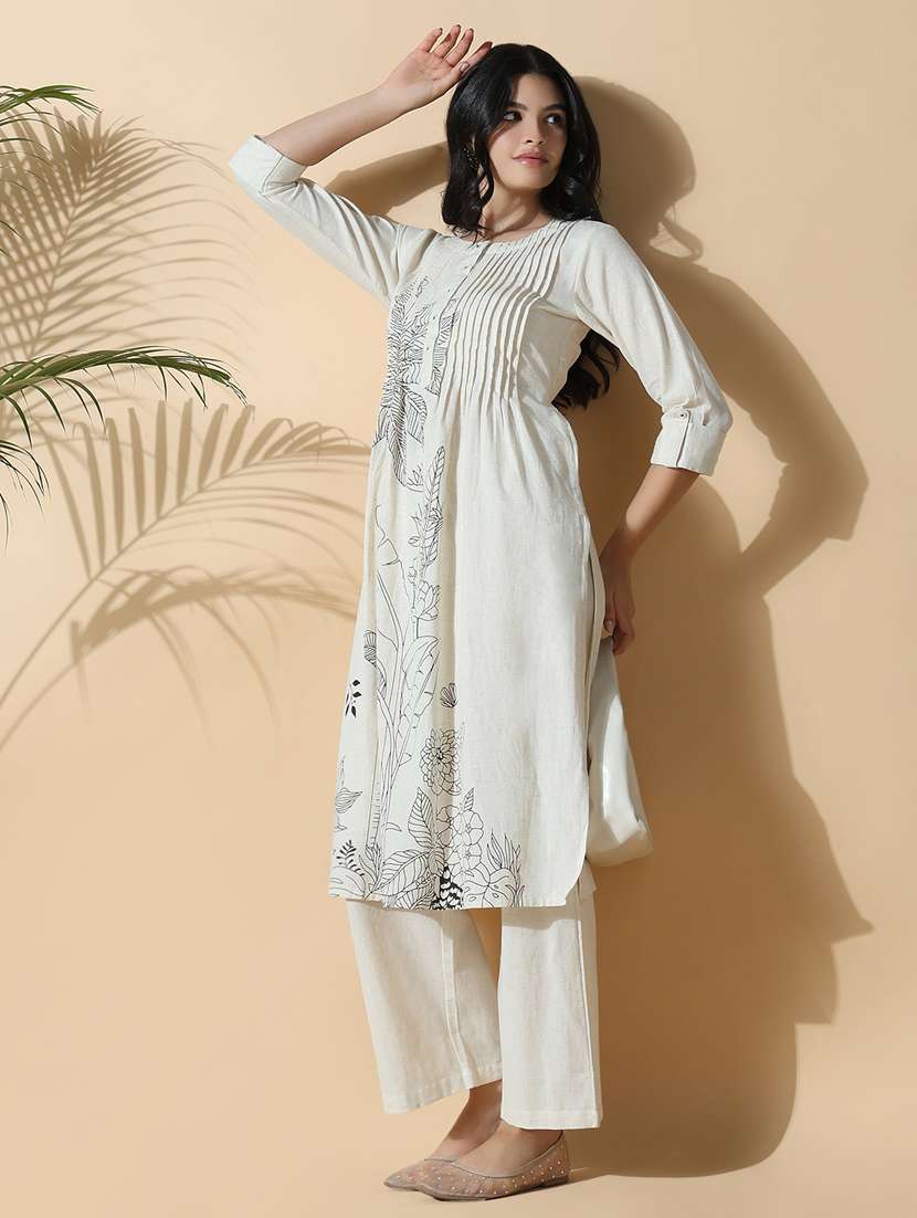 women off white three quarter sleeve kurta pant set - 21842956 -  Standard Image - 4