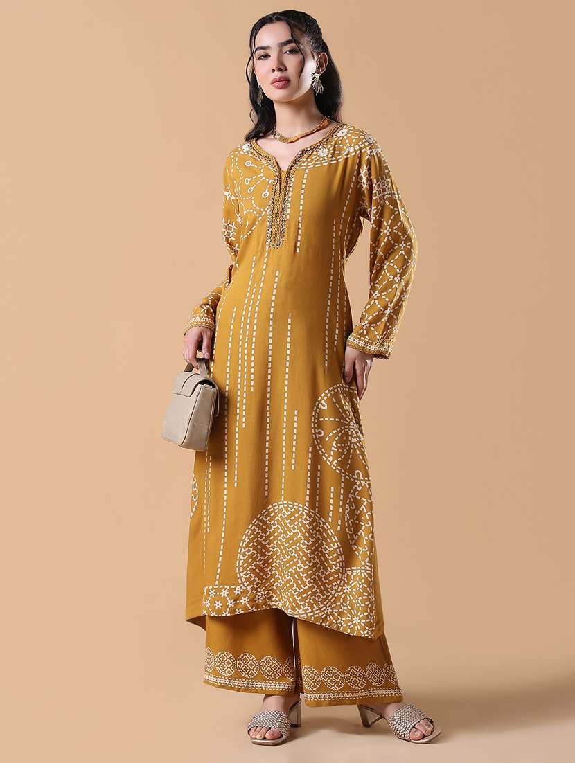 women mustard long sleeve kurta palazzo set - 21842961 -  Standard Image - 4