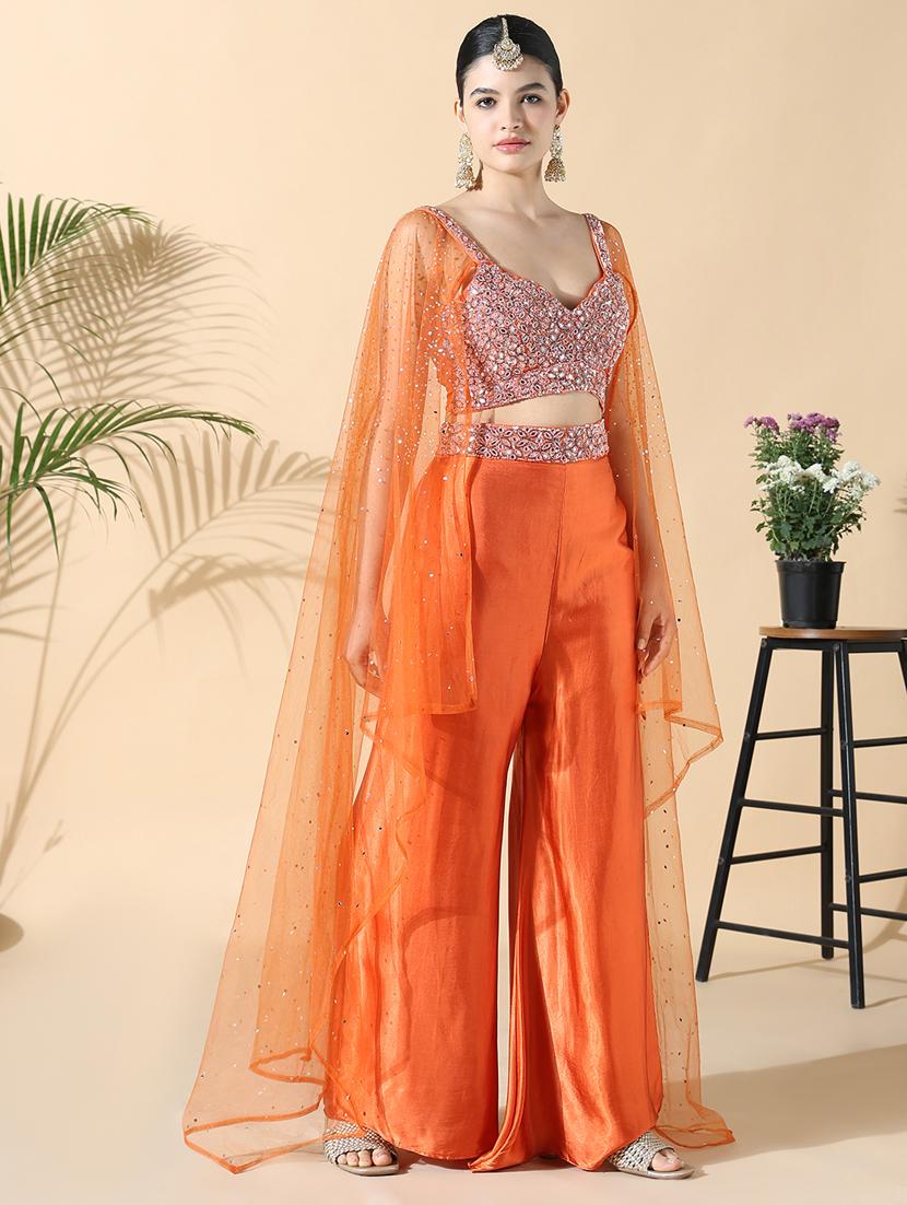 women orange embroidered long sleeve fusion set