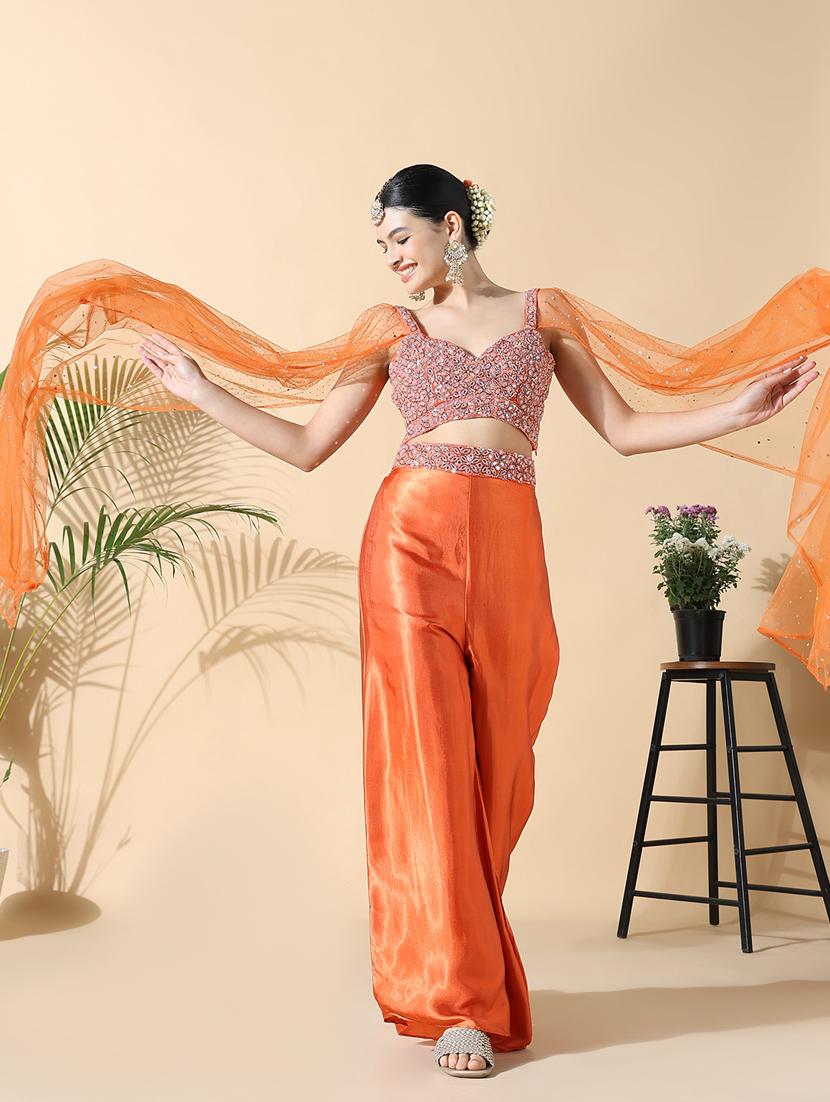 women orange embroidered long sleeve fusion set - 21842969 -  Standard Image - 1