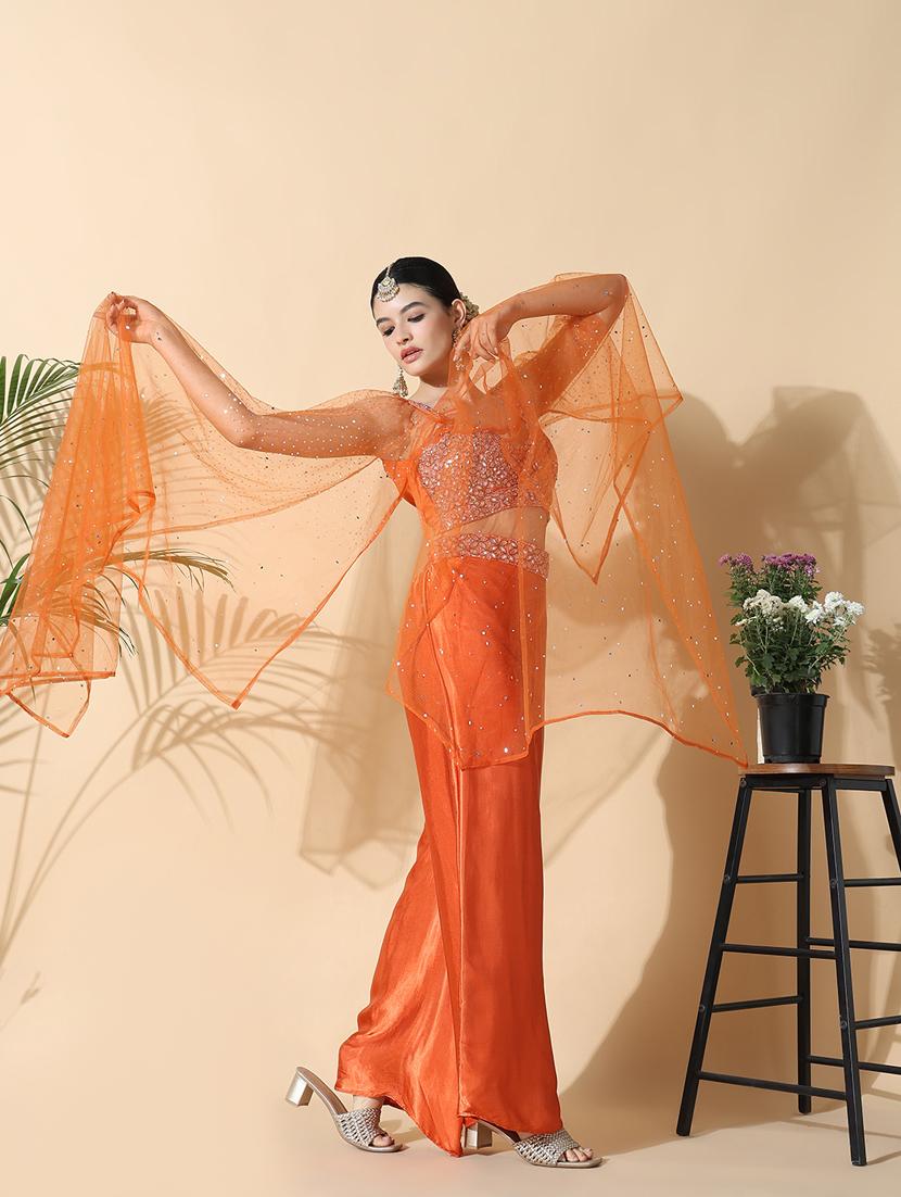 women orange embroidered long sleeve fusion set - 21842969 - Standard Image - 4