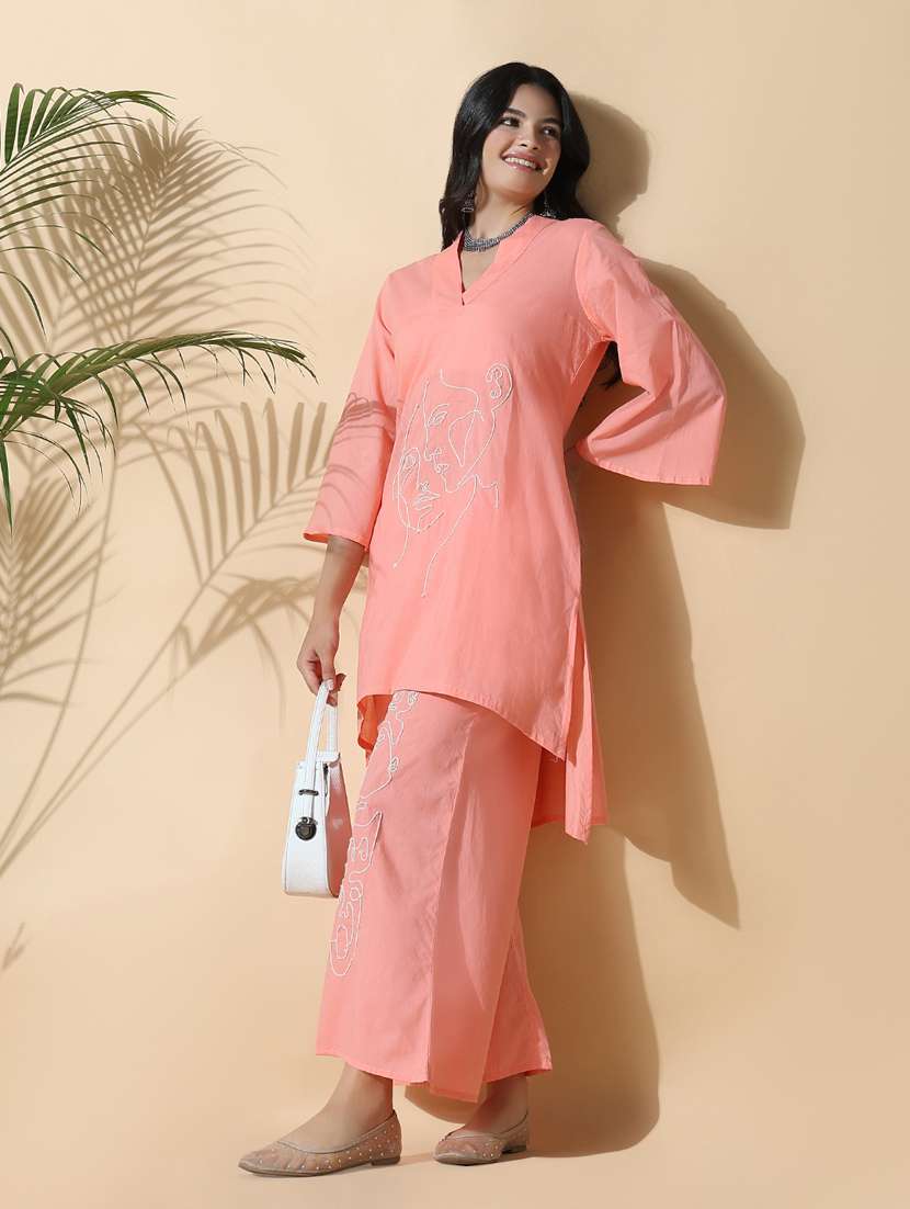 women peach embroidered kurta palazzo set  - 21842973 -  Standard Image - 1